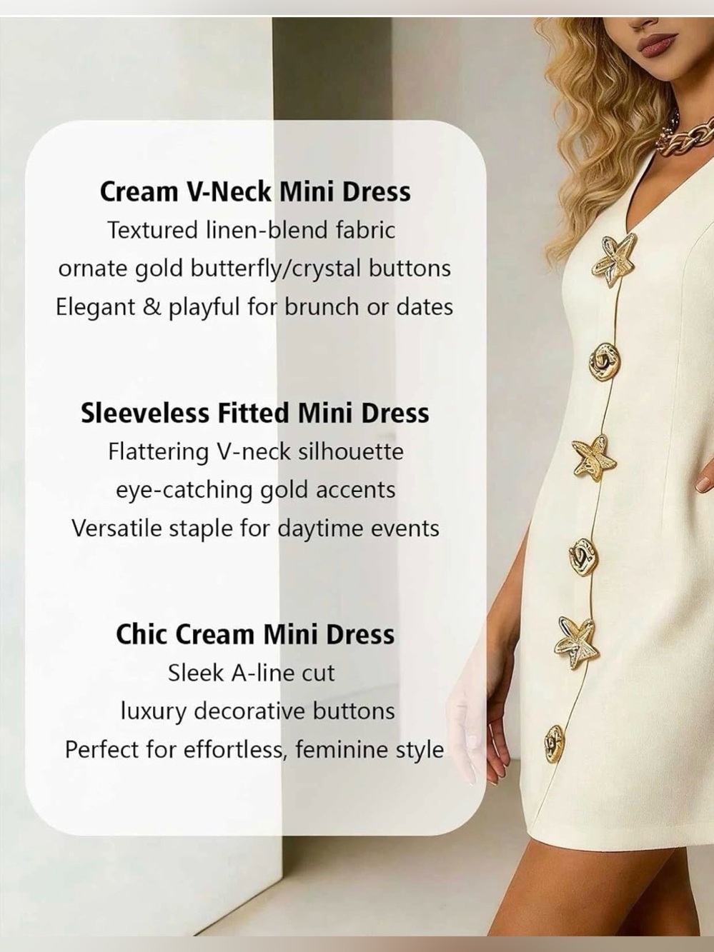 Sleeveless Cream V-Neck Mini Dress with Gold Accent Buttons